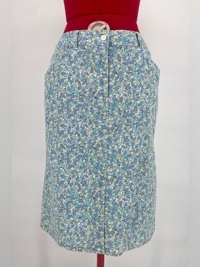 Talbots Leaf Print Skirt Size 10 Blue Green Cotton Stretch A-Line Mid Length